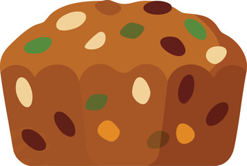 Illustration of a delicious fruitcake loaf with colorful dried fruits and nuts baked inside.