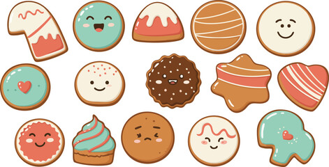 A collection of cute, cartoon-style gingerbread cookies with various festive designs and happy faces.