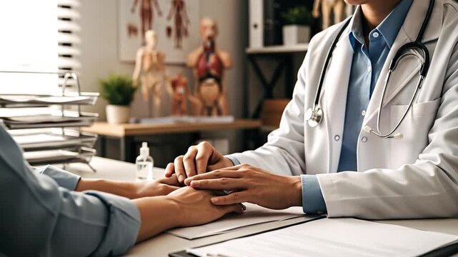 Close Up Of Doctor Consoling Patient By Holding Hands At Bright White Table with Documents Stethoscope and Medical Illustrations For Medical Advice and Empathy Concept