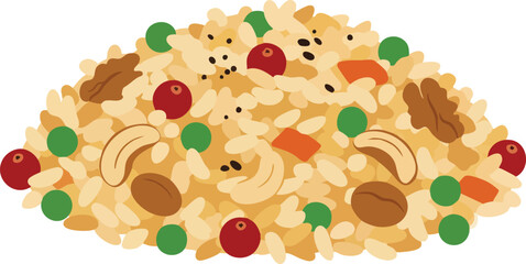 Illustration of a pile of rice with nuts, peas, and cranberries.