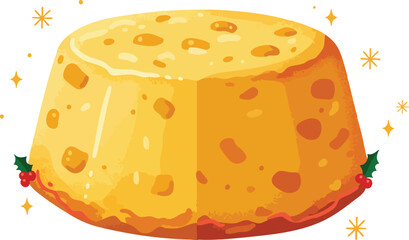 Illustration of a Christmas pudding with holly and berries.