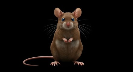 Fototapeta premium A cute brown mouse stands with bright blue eyes and long whiskers on black background.