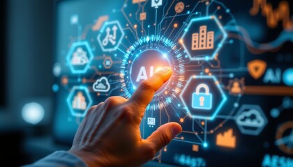 A close up of a human hand touching a digital interface with floating icons representing AI, finance, cloud computing, and security, soft blue tones, warm lighting
