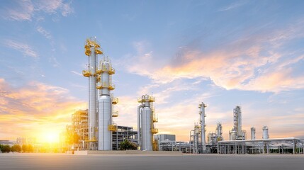 Fototapeta premium Modern Industrial Plant at Sunset with Silos, Pipes and Machinery in an Urban Environment