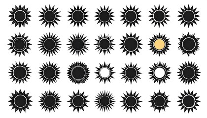 A collection of various stylized sun icons in black with varying ray designs. One sun is yellow. They are arranged in rows