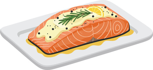 A beautifully prepared salmon fillet, seasoned with herbs and lemon, served on a white rectangular plate with a yellow sauce.