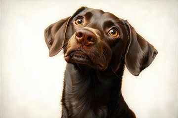 Close-up portrait of a chocolate brown dog with soulful amber eyes looking slightly upwards against a plain light background
