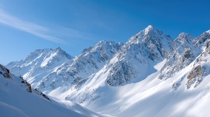 Majestic Snow-Covered Mountains Under a Clear Blue Sky Captured in Winter Wonderland Landscape
