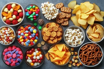 Assortment of colorful candies, popcorn, pretzels, chips, and various crunchy snacks arranged in bowls on a gray surface, presenting a vibrant and inviting snack spread