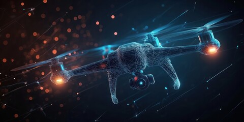 3D wireframe model of a quadcopter drone with glowing propellers and a camera, flying through a digital space with light particles and lines conveying motion and technology