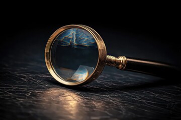 Close-up of a vintage magnifying glass with a golden rim and black handle lying on a textured dark surface with warm light reflections