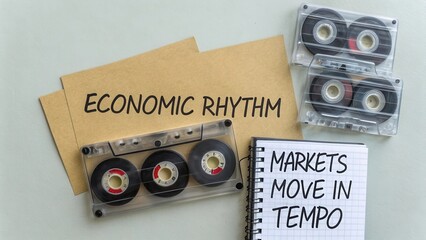Economic Rhythm and Markets in Tempo Concept with Cassette Tapes and Notepad on Light Background