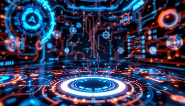 Futuristic digital interface with glowing blue circular elements, high tech HUD (heads up display) style, interconnected data nodes and abstract technological symbols