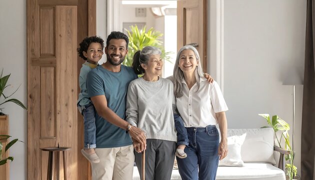 Multi-generational family smiling for a portrait in their living room