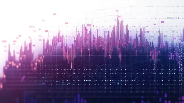 Abstract digital visualization of fluctuating bar and line graphs with purple and pink hues representing data trends and analytics