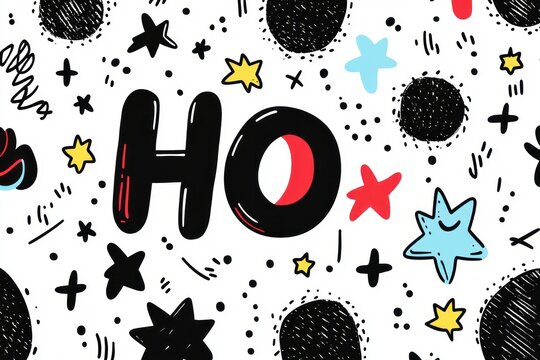 colorful hand-drawn doodle pattern with large bold letters ho surrounded by stars dots and various abstract shapes conveying a playful and cheerful mood - Powered by Adobe