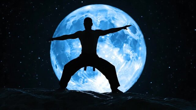 Mystical Martial Arts Master Silhouetted Against a Giant Blue Moon and Starry Night Sky