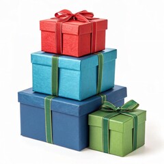 Fototapeta premium Stack of Colorful Gift Boxes with Ribbons on White Background