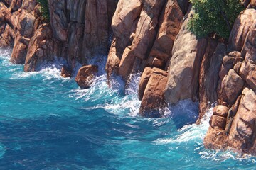 Coastal rocks and turquoise waves crashing against a cliff face