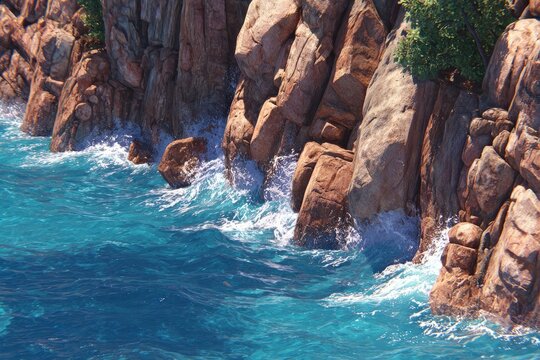 Coastal rocks and turquoise waves crashing against a cliff face