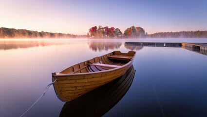 Wooden rowboat floats peacefully on a misty lake at sunrise