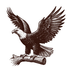 Detailed flat vector illustration of flying eagle, wild bird in vintage style