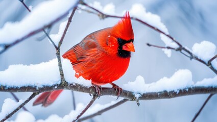 Bright red male cardinal perched on a snow covered branch in winter