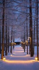 Snowy forest path lined with warm lights leading to a house