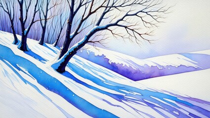 Winter landscape with bare trees on a snowy slope and purple shadows