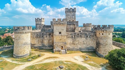 Magnificent stone medieval fortress with imposing towers and battlements under a bright blue sky with scattered clouds on a sunny day overlooking lush green trees and distant town