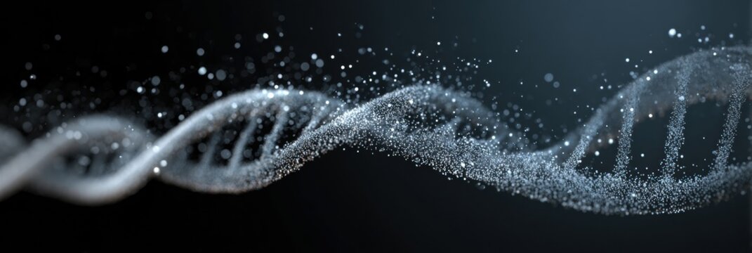 The image showcases a stylized DNA double helix composed of glowing particles, set against a dark background, highlighting the complexity of genetic structures. - Powered by Adobe