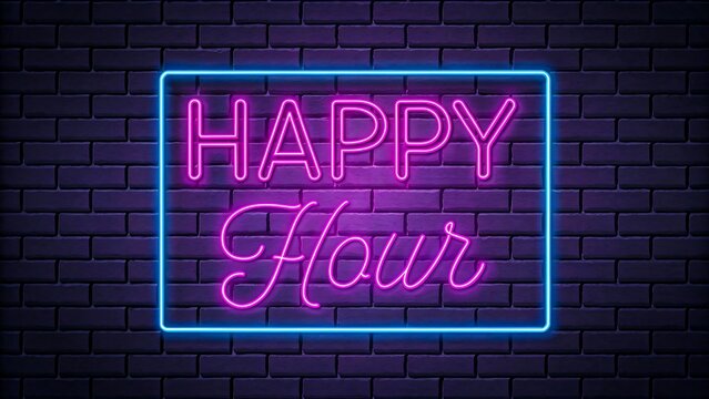 Happy hour neon sign glowing on dark brick wall background
