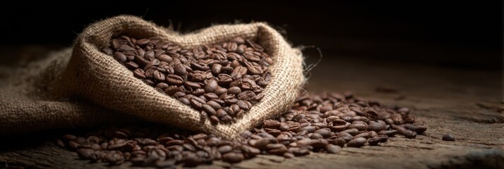 Burlap sack in a heart shape spills aromatic coffee beans onto a weathered wooden table, showcasing a warm and inviting atmosphere.