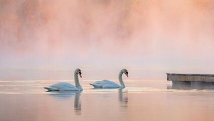 Two elegant white swans glide peacefully on calm water at sunrise