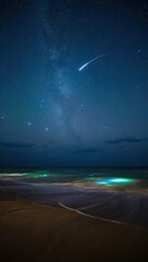 Shooting star streaks across a starry night sky over a beach
