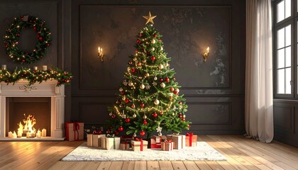 A cozy room features a decorated Christmas tree with gifts, fireplace, wreath, and lit candles creating a festive holiday scene