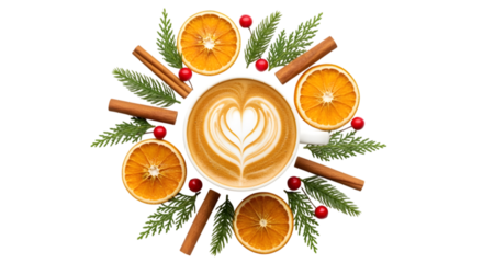 Heart Latte Art surrounded by Orange Slices Cinnamon Sticks and Pine Twigs Flat Lay