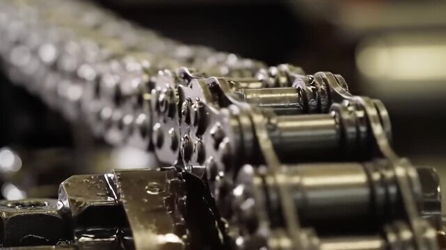 Close up of a heavy duty industrial roller chain mechanism.