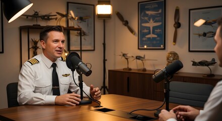 Pilot hosting a podcast about aviation history and flight experiences, engaging in conversation warmly.