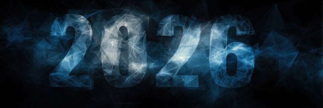 A bold 2026 visual features an abstract blue and black background, capturing a modern, futuristic essence for diverse projects.