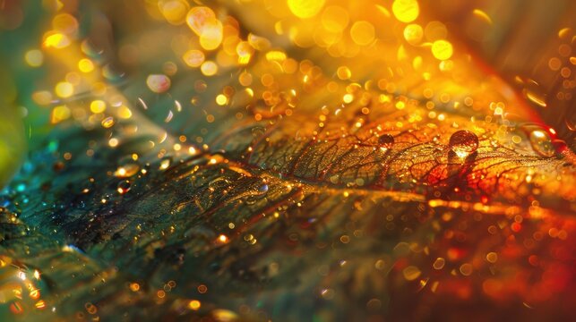 Close-up of a textured surface adorned with glistening water droplets and vibrant bokeh lights, creating a magical, abstract composition.