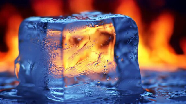A striking visual of a clear ice cube melting slowly with a vibrant, blurry orange and red fire in the background, creating a dramatic contrast between hot and cold elements.