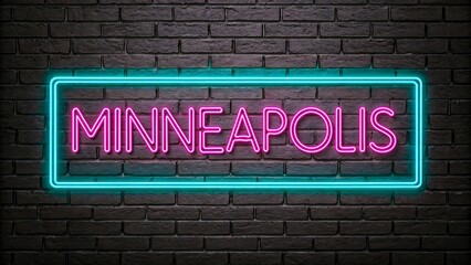 Fototapeta premium Minneapolis neon sign glowing on dark brick wall background 