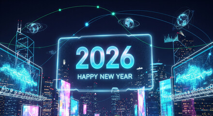 Futuristic 2026 Happy New Year digital celebration with global network connections