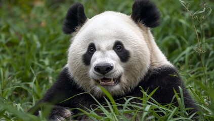 Obraz premium Close-up portrait of a giant panda bear eating bamboo in a lush green forest setting