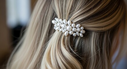Elegant Pearl Hair Clip Adorning Blonde Wavy Hair.