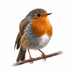 European Robin Perched on a Branch, Close-Up of Erithacus rubecula with Vibrant Orange Breast and Gray Back on White Background