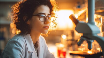 A dedicated scientist examines samples through a microscope in a laboratory bathed in golden sunlight.