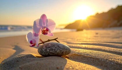 A delicate orchid rests on a smooth stone, front and center on a sandy beach. The sun shines brightly