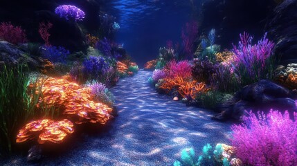 Obraz premium Vibrant Underwater Coral Reef Pathway Illuminated by Bioluminescent Light in Deep Blue Ocean